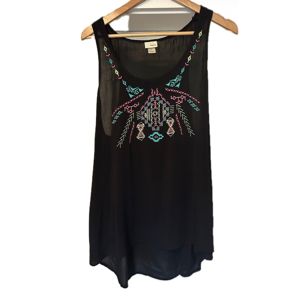daytrip Black/Prink/Teal Embroidered Relaxed Fit Tank Top. Women's Size XL